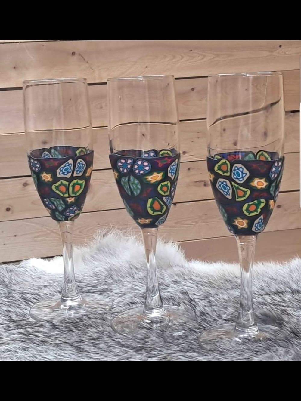 Handcrafted Polymer Clay Floral Stemless Champagne Flutes - Blue & Multicolor